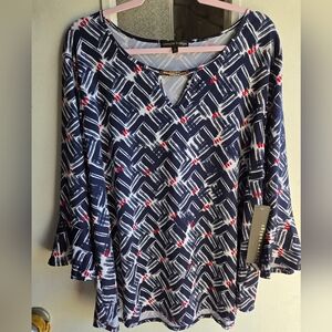 Always Indigo Navy and Red Patterned Blouse NWT